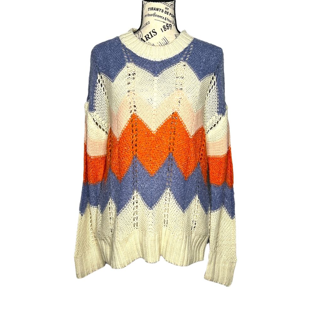 Vero Moda (L) Birch Chevron Colorblock Crochet Lightweight Sweater Crewneck